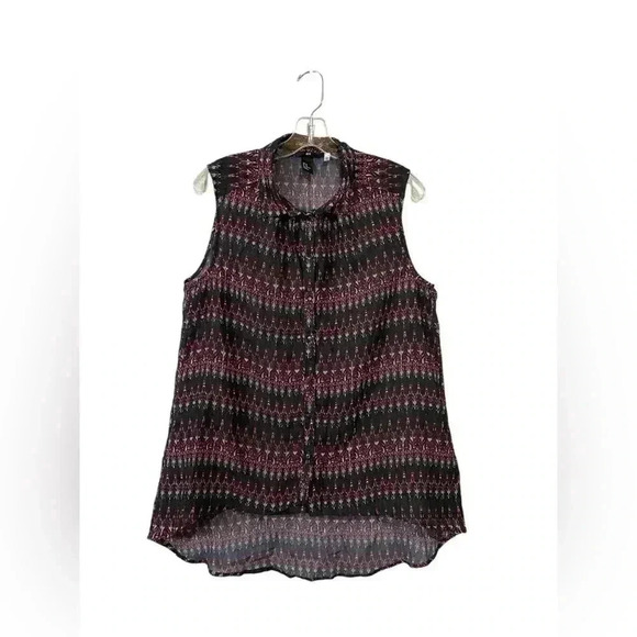 H&M, Vibrant Patterned Semi-Transparent Sleeveless Blouse, Size 12, Navy, Red 🎀 - Picture 2 of 7